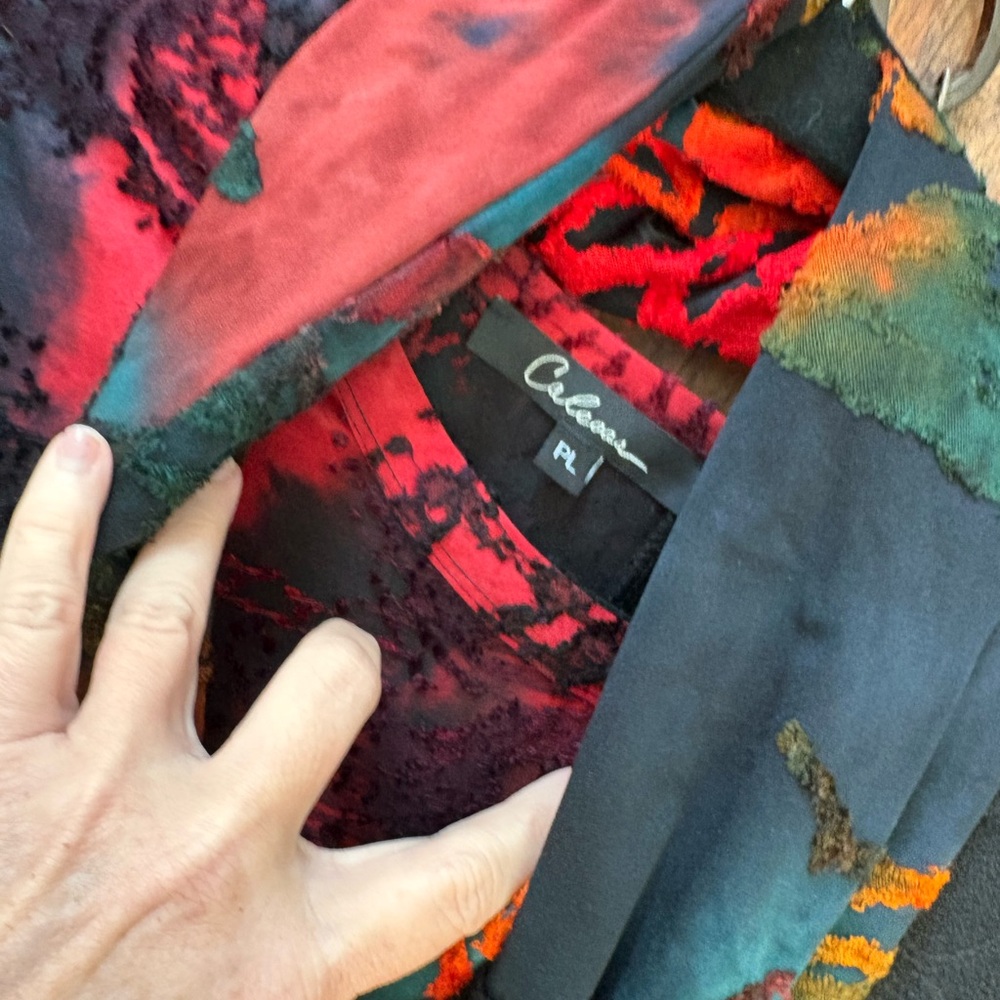 Calessa Vibrant Multicolor Blouse with Black Accents and Scarf EUC LP - Picture 2 of 10